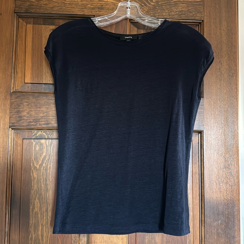 Theory Ginala cap sleeve linen top navy P
